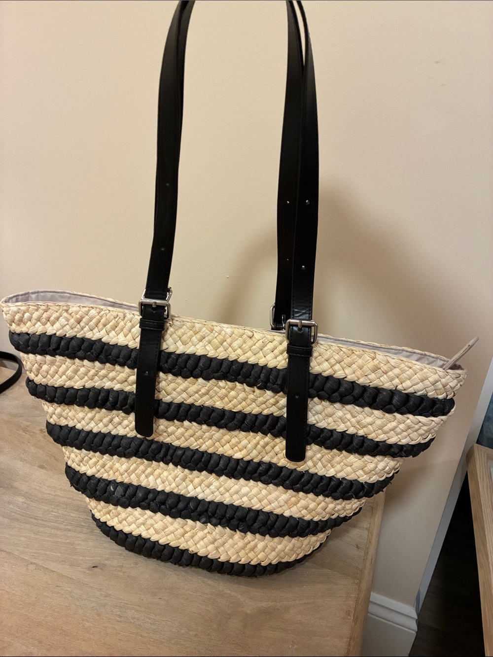 Crown Vintage Striped Straw Tote in Natural and Black